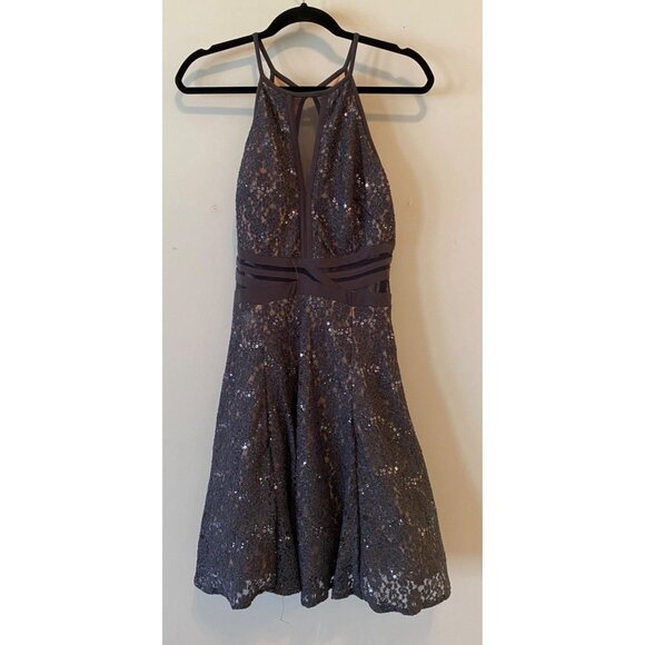 Morgan & Co. Sequin Halter Dress Sheer Insets & Keyhole Back Size 13 - Picture 3 of 14